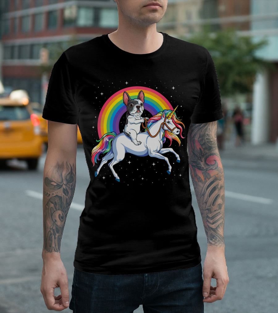 French Bulldog Riding Unicorn Rainbow Space Galaxy T-Shirt