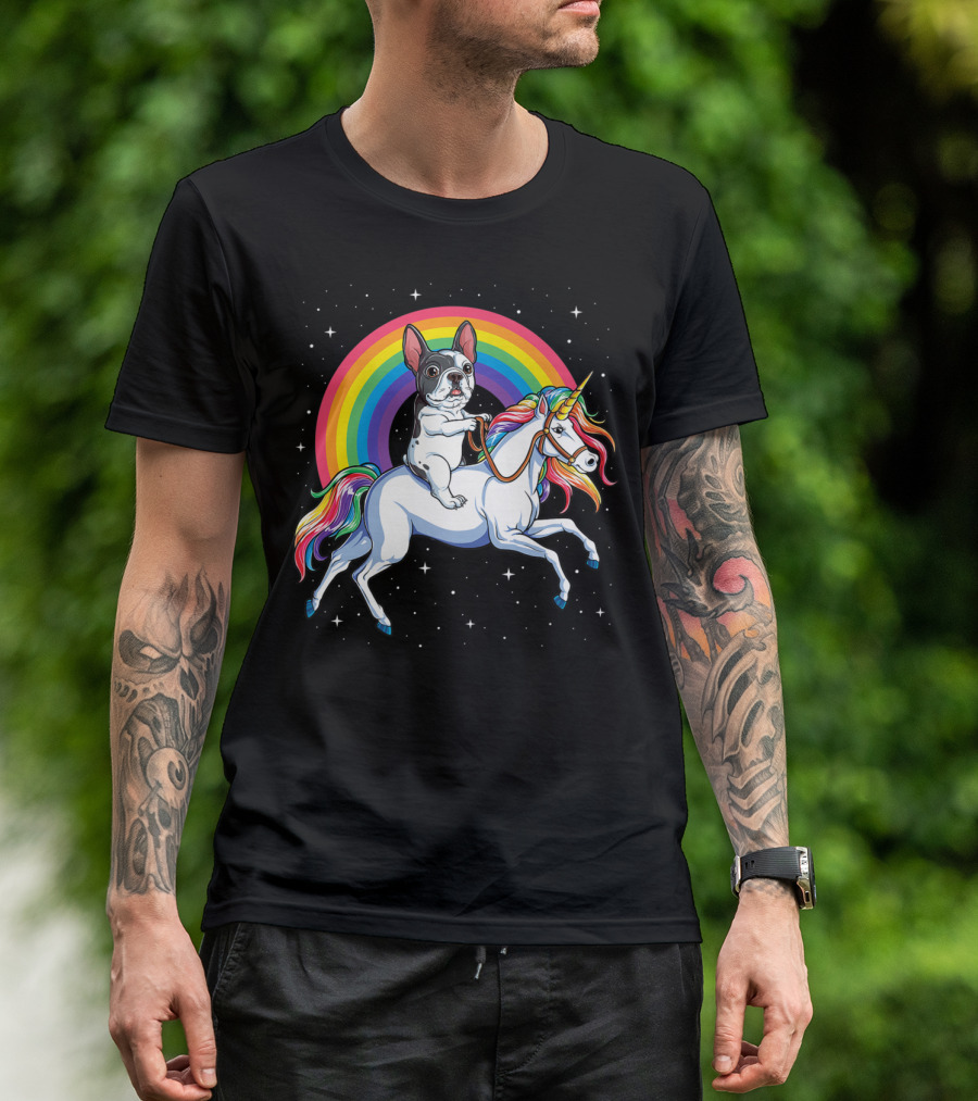 French Bulldog Riding Unicorn Rainbow Space Galaxy T-Shirt