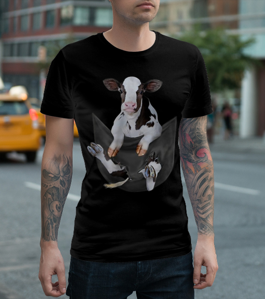 Funny Cow Peeking Out of Pocket T-Shirt