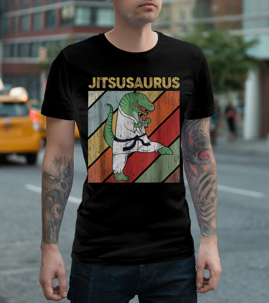 Jitsusaurus Dinosaur In Martial Arts Gi With Vintage Stripes T-Shirt
