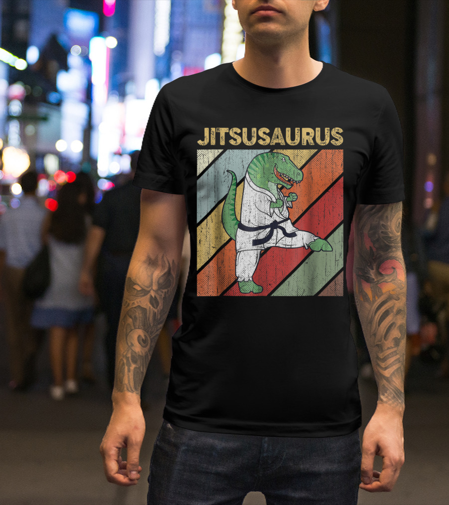 Jitsusaurus Dinosaur In Martial Arts Gi With Vintage Stripes T-Shirt