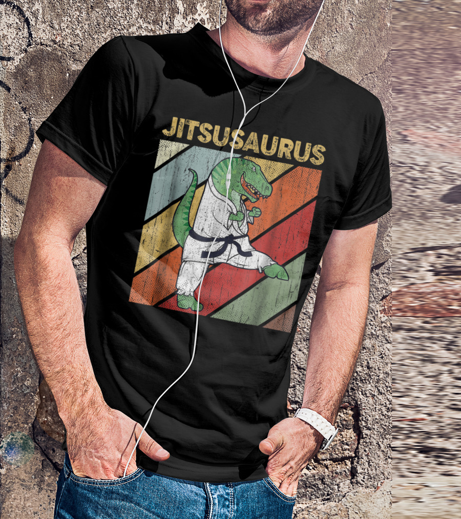 Jitsusaurus Dinosaur In Martial Arts Gi With Vintage Stripes T-Shirt