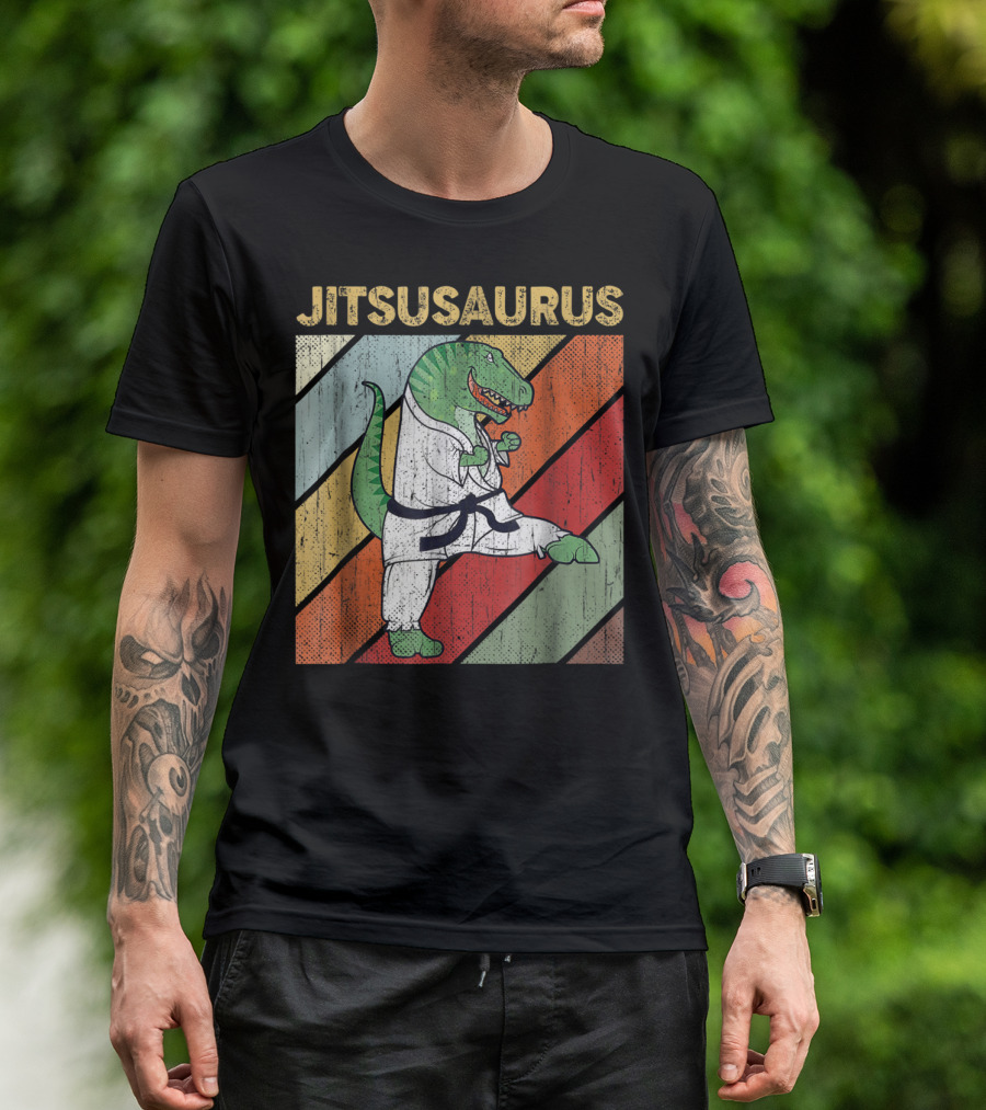 Jitsusaurus Dinosaur In Martial Arts Gi With Vintage Stripes T-Shirt