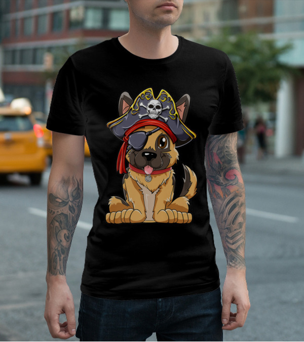 German Shepherd Pirate With Jolly Roger Skull Crossbones And Eyepatch T-Shirt