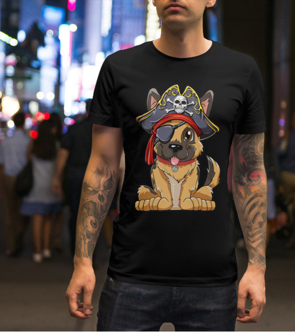 German Shepherd Pirate With Jolly Roger Skull Crossbones And Eyepatch T-Shirt