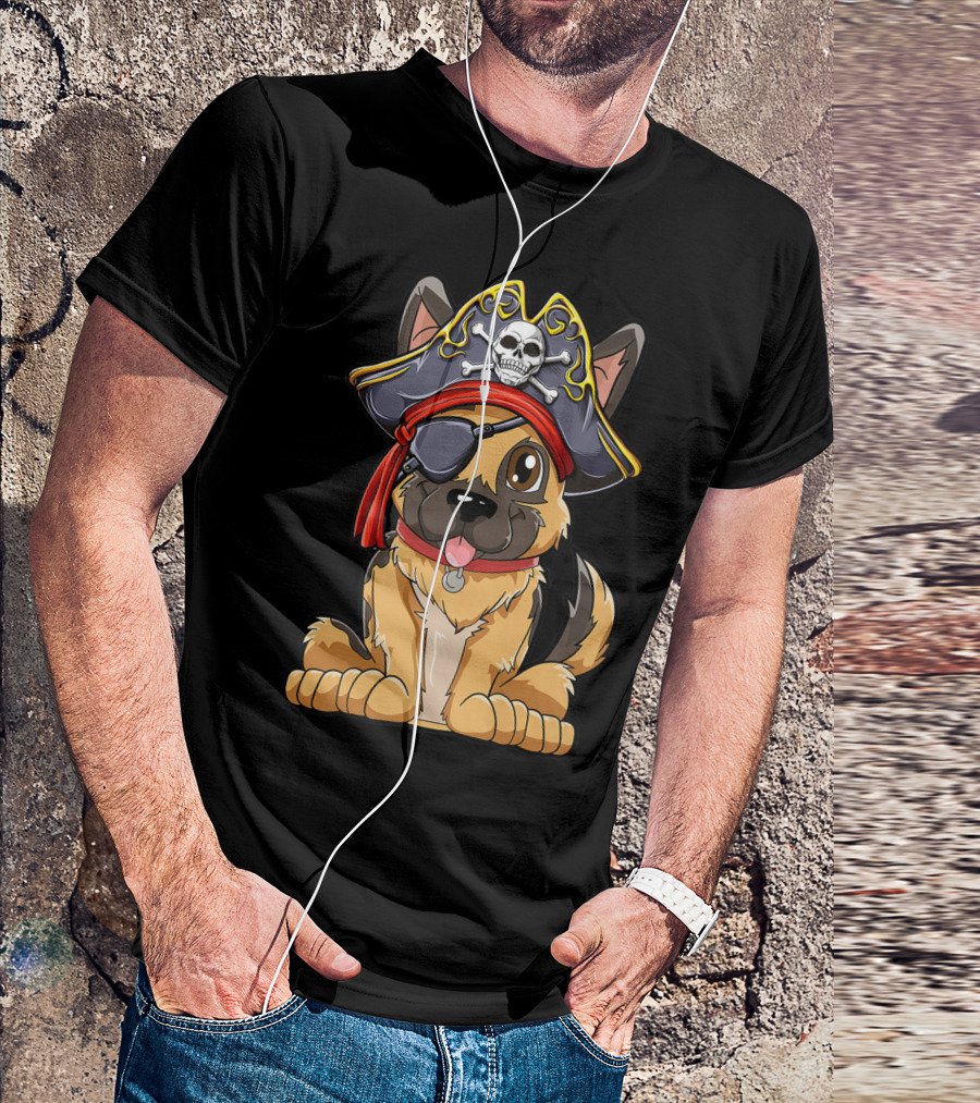 German Shepherd Pirate With Jolly Roger Skull Crossbones And Eyepatch T-Shirt