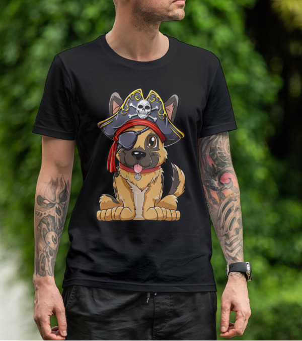 German Shepherd Pirate With Jolly Roger Skull Crossbones And Eyepatch T-Shirt