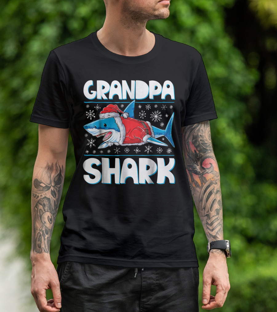Grandpa Shark Santa With Snowflakes T-Shirt