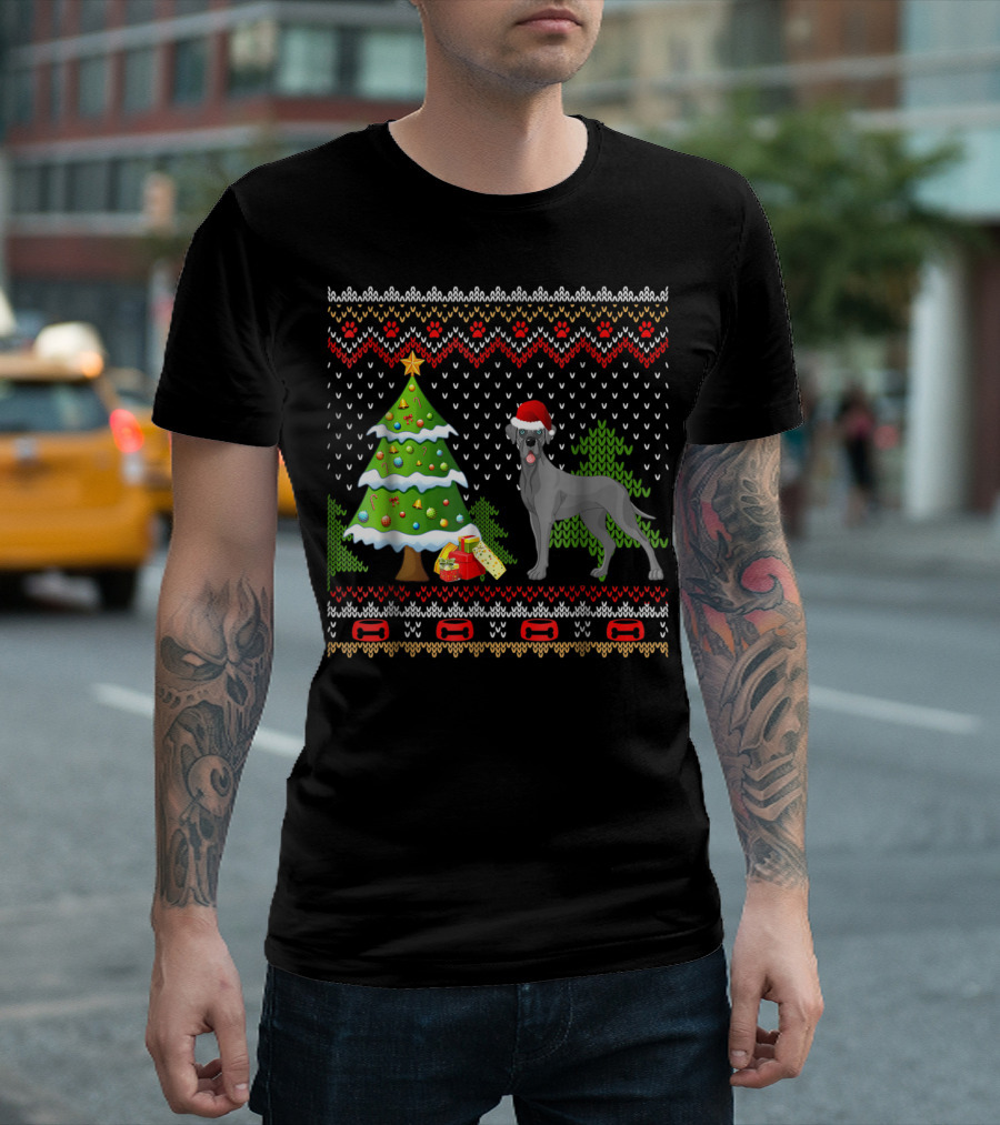 Great Danes Santa Christmas UglyDog Holiday Sweater Tree Present T-Shirt