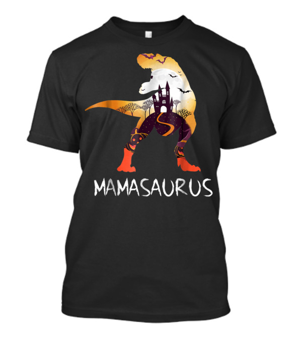 Mamasaurus Halloween Castle Bats T-Rex Scene T-Shirt