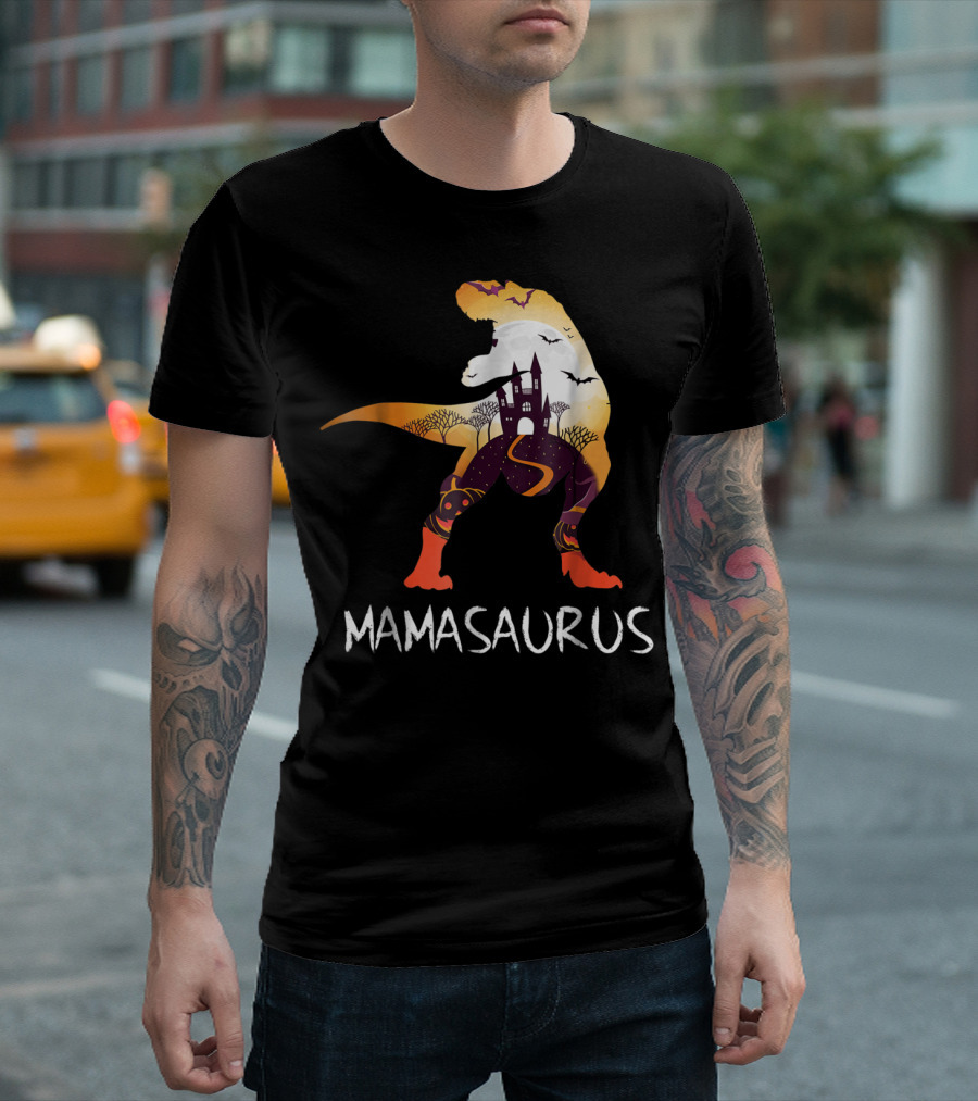 Mamasaurus Halloween Castle Bats T-Rex Scene T-Shirt