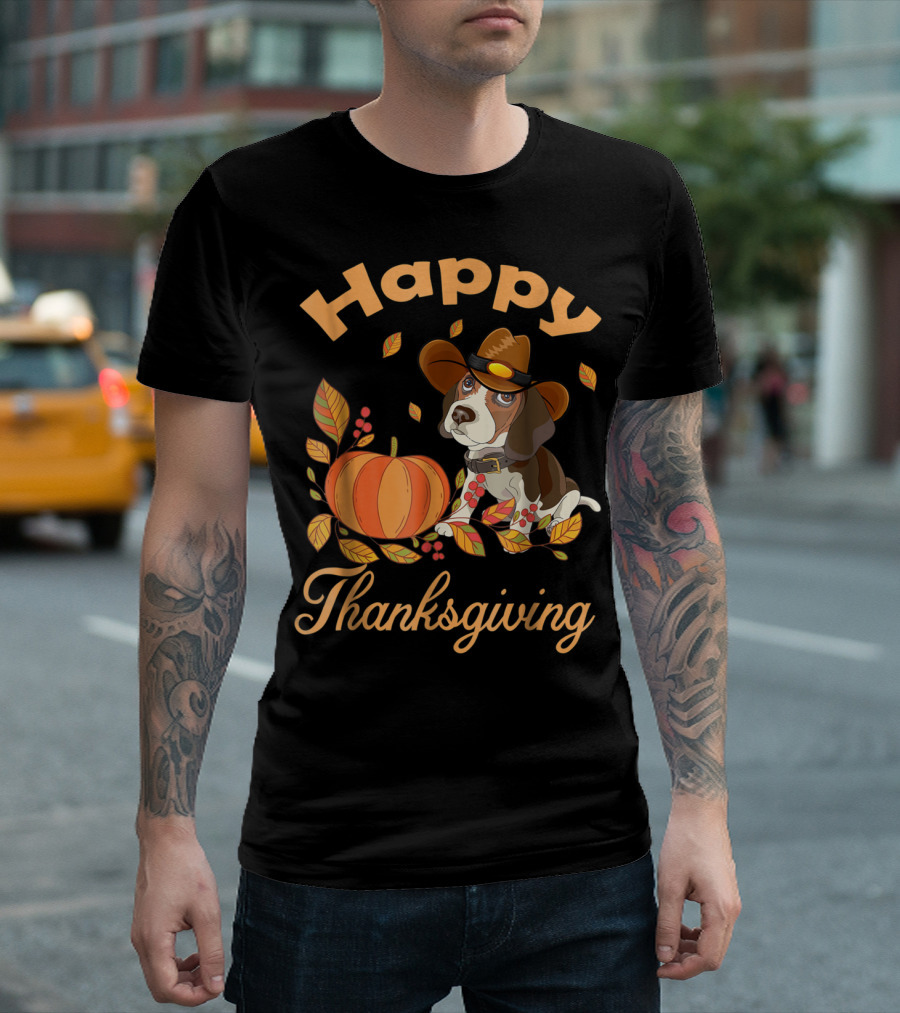 Happy Thanksgiving Beagles Pilgrim Pumpkin and Leaves T-Shirt