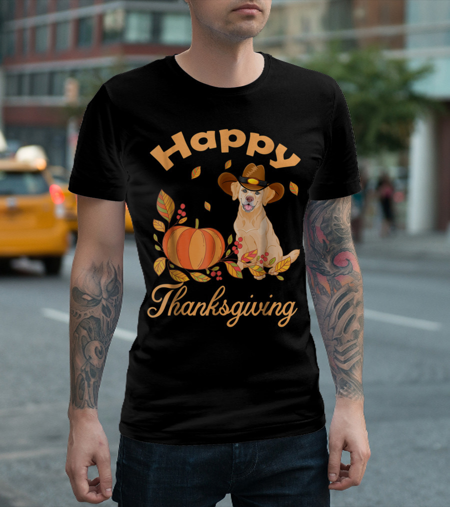 Happy Thanksgiving Golden Retriever with Pumpkin and Leaves T-Shirt