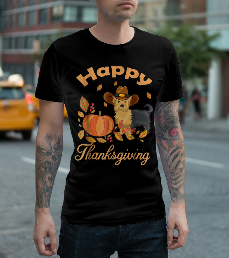 Happy Thanksgiving Yorkie with Pilgrim Hat and Autumn Pumpkin Leaves T-Shirt