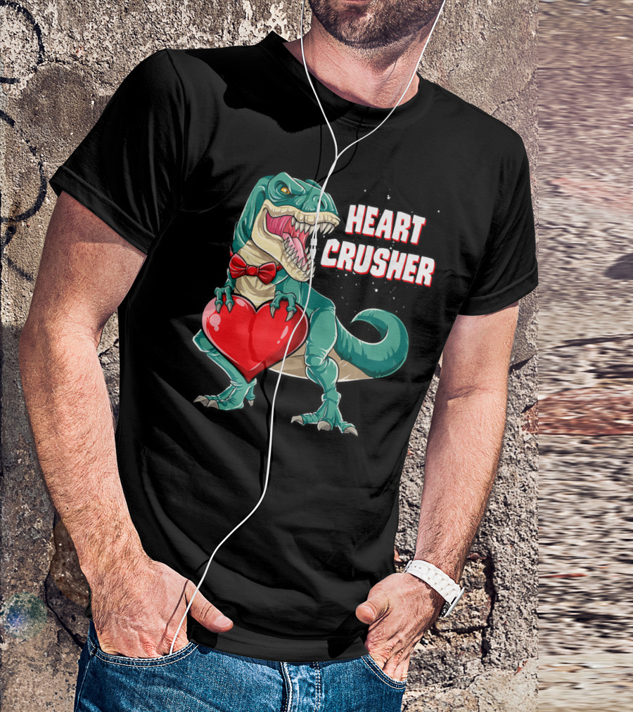 Heart Crusher Valentines Day Dinosaur Rex Bowtie Holding Heart T-Shirt