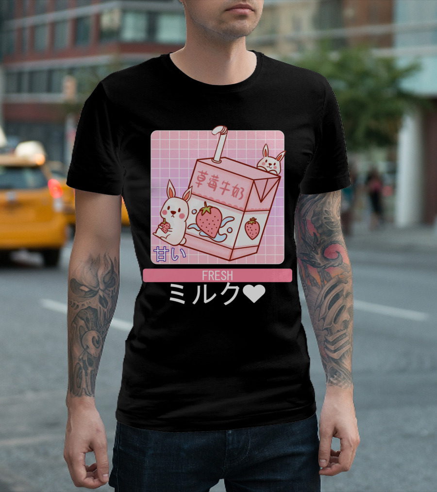 Fresh ミルク 甘い Strawberry Milk Carton With Cute Bunny Aesthetic T-Shirt