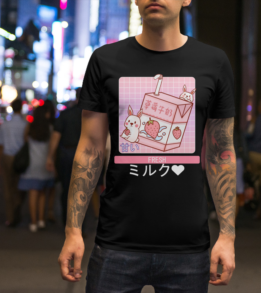 Fresh ミルク 甘い Strawberry Milk Carton With Cute Bunny Aesthetic T-Shirt