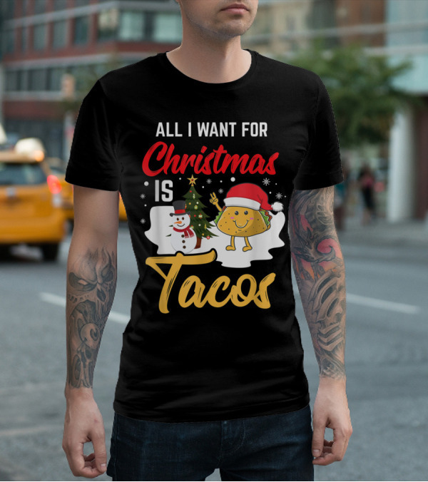 All I Want For Christmas Is Tacos Snowman Santa Hat Humor T-Shirt