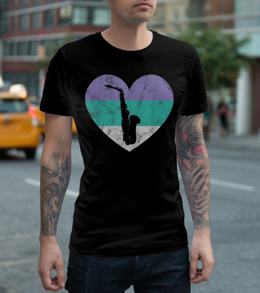 Heart with Alto Saxophone Silhouette and Pastel Stripes T-Shirt