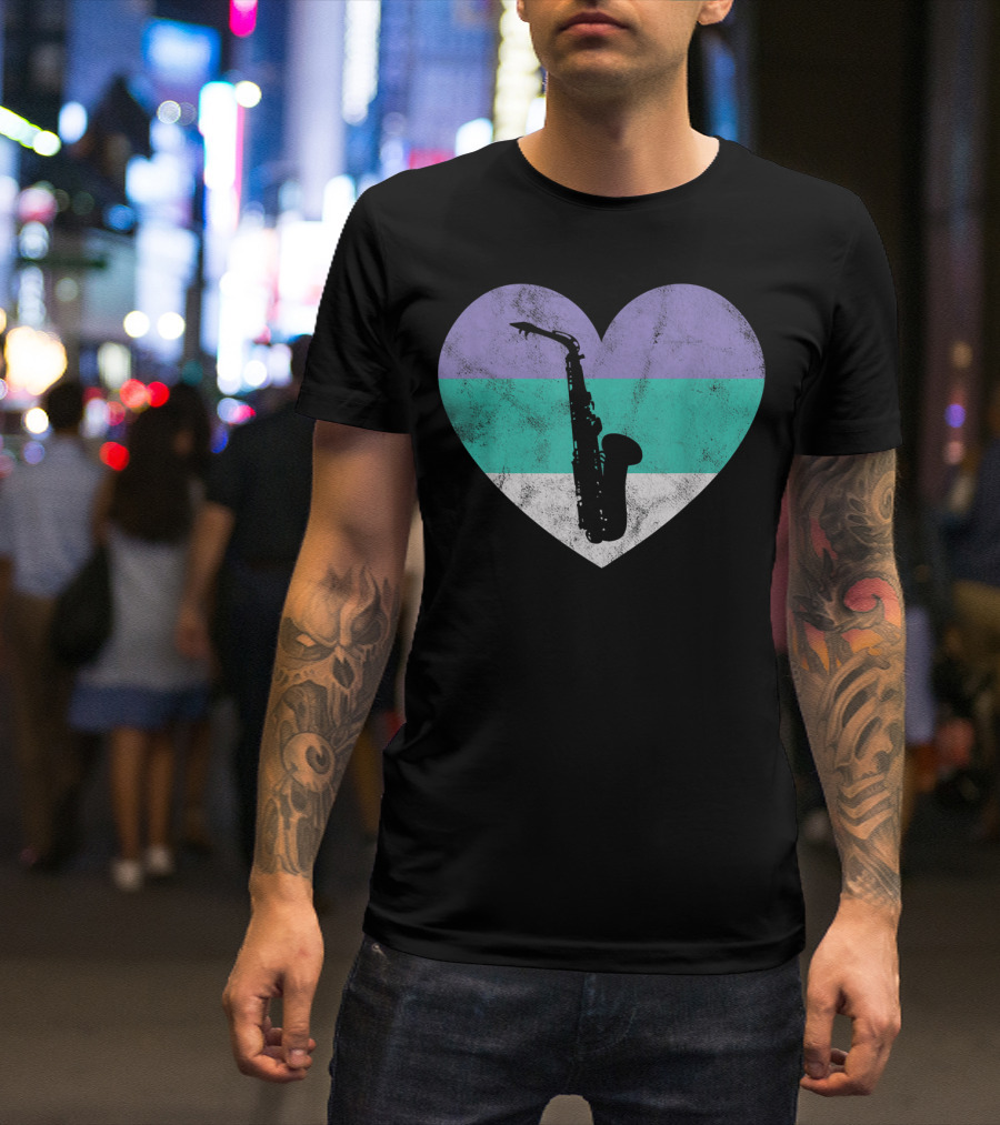 Heart With Alto Saxophone Silhouette And Pastel Stripes T-Shirt