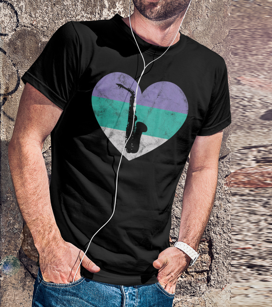 Heart With Alto Saxophone Silhouette And Pastel Stripes T-Shirt