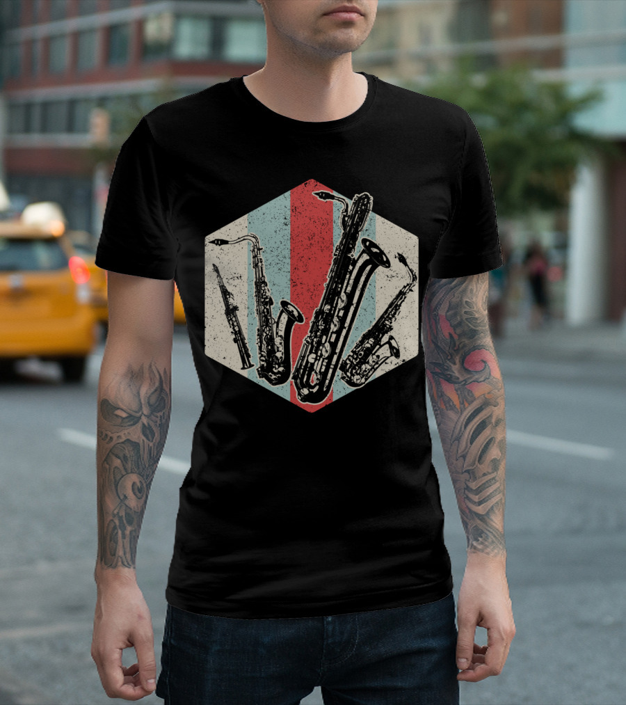 Alto Tenor Soprano Baritone Saxophone Sax Retro Hexagon T-Shirt