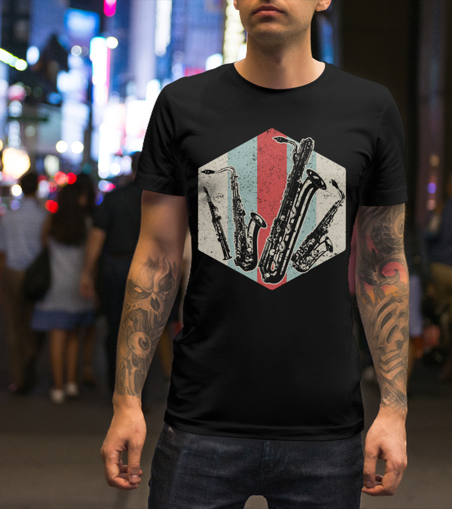 Alto Tenor Soprano Baritone Saxophone Sax Retro Hexagon T-Shirt