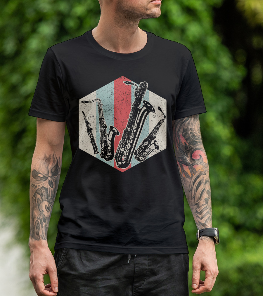 Alto Tenor Soprano Baritone Saxophone Sax Retro Hexagon T-Shirt