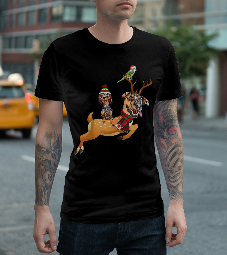 At's Andy And Thanri Reindeer Dog Duo with Santa Parrot T-Shirt