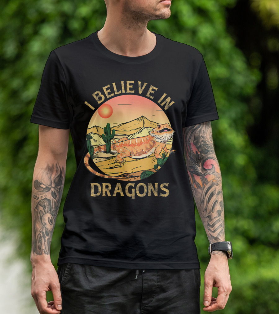I Believe In Dragons Bearded Cactus Desert Sunset T-Shirt