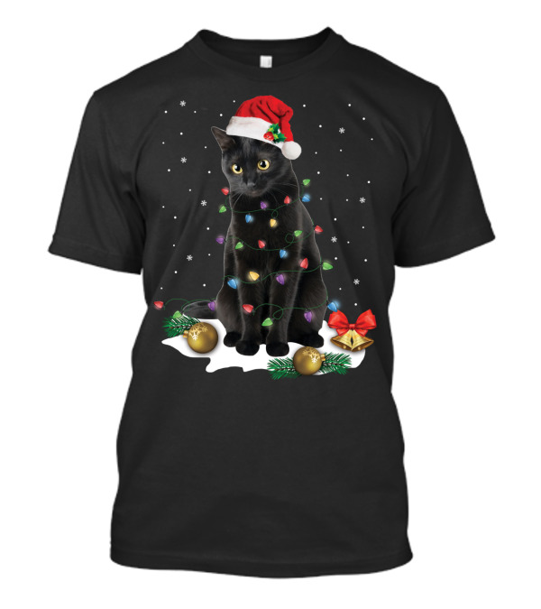 Black Cat Santa Christmas Lights Funny Cat Dad Festive Holiday T-Shirt