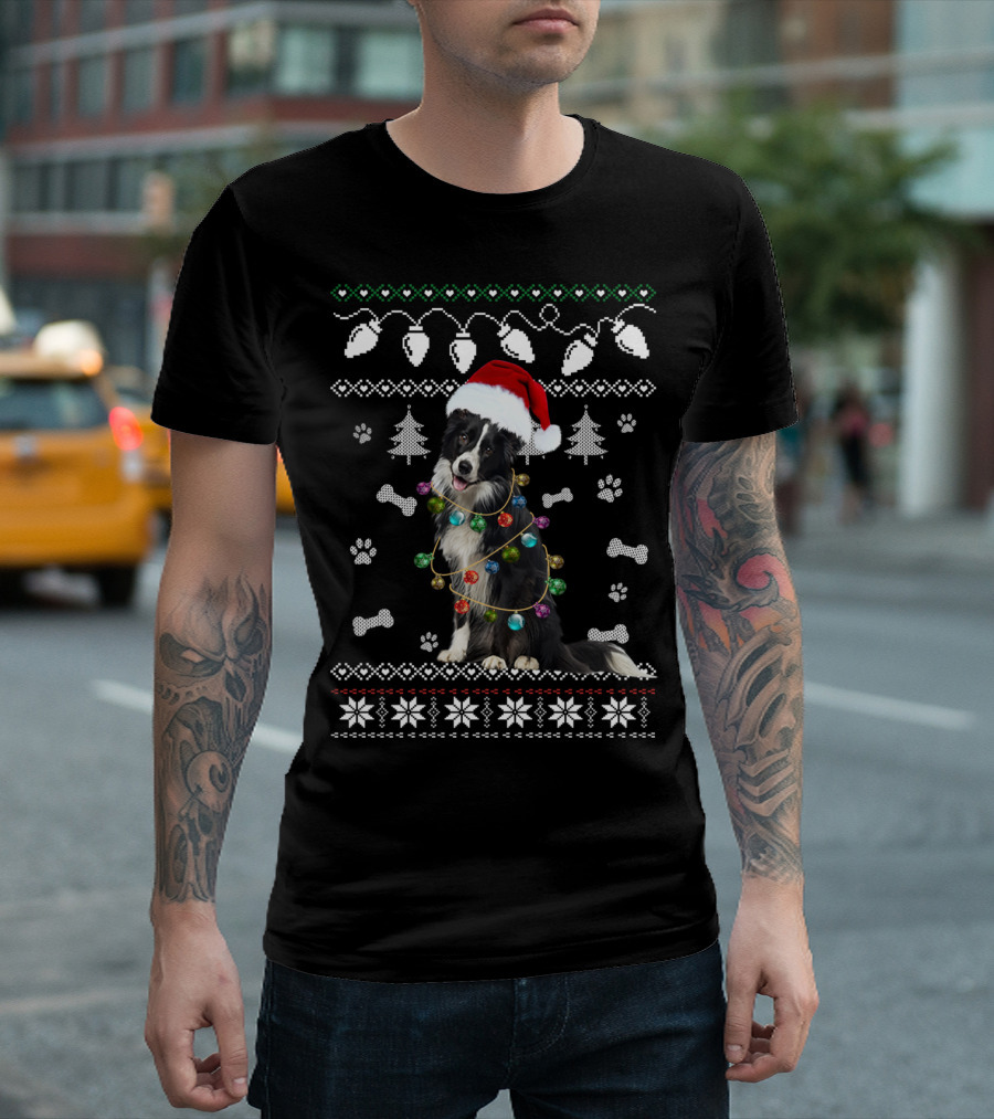 Border Collie Christmas Lights Santa Hat Paw Prints Festive T-Shirt