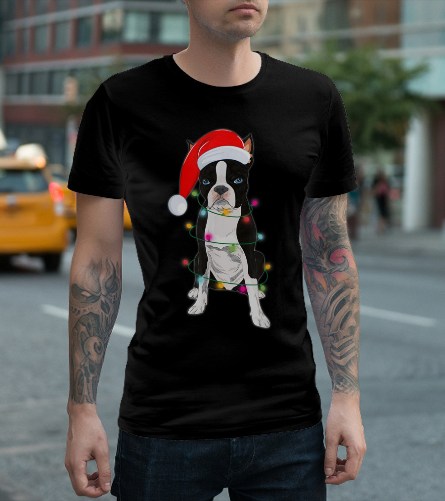 Boston Terrier Wrapped in Christmas Lights with Santa Hat T-Shirt