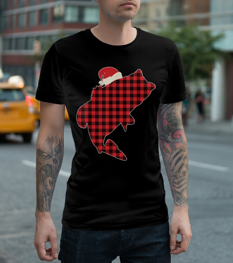 Christmas Fish Santa Hat Red Plaid Buffalo T-Shirt