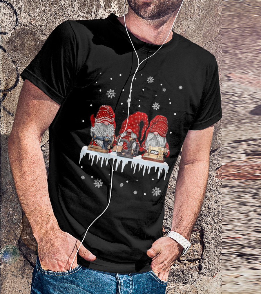 Christmas Gnomes Red Sewing Machine Snowflakes Winter Scene T-Shirt