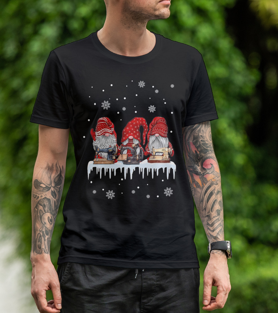 Christmas Gnomes Red Sewing Machine Snowflakes Winter Scene T-Shirt