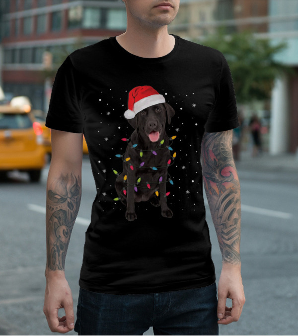 Christmas Black Labrador Retriever With Santa Hat And Holiday Lights T-Shirt