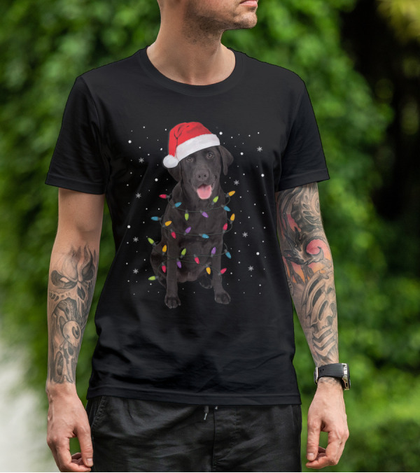 Christmas Black Labrador Retriever With Santa Hat And Holiday Lights T-Shirt