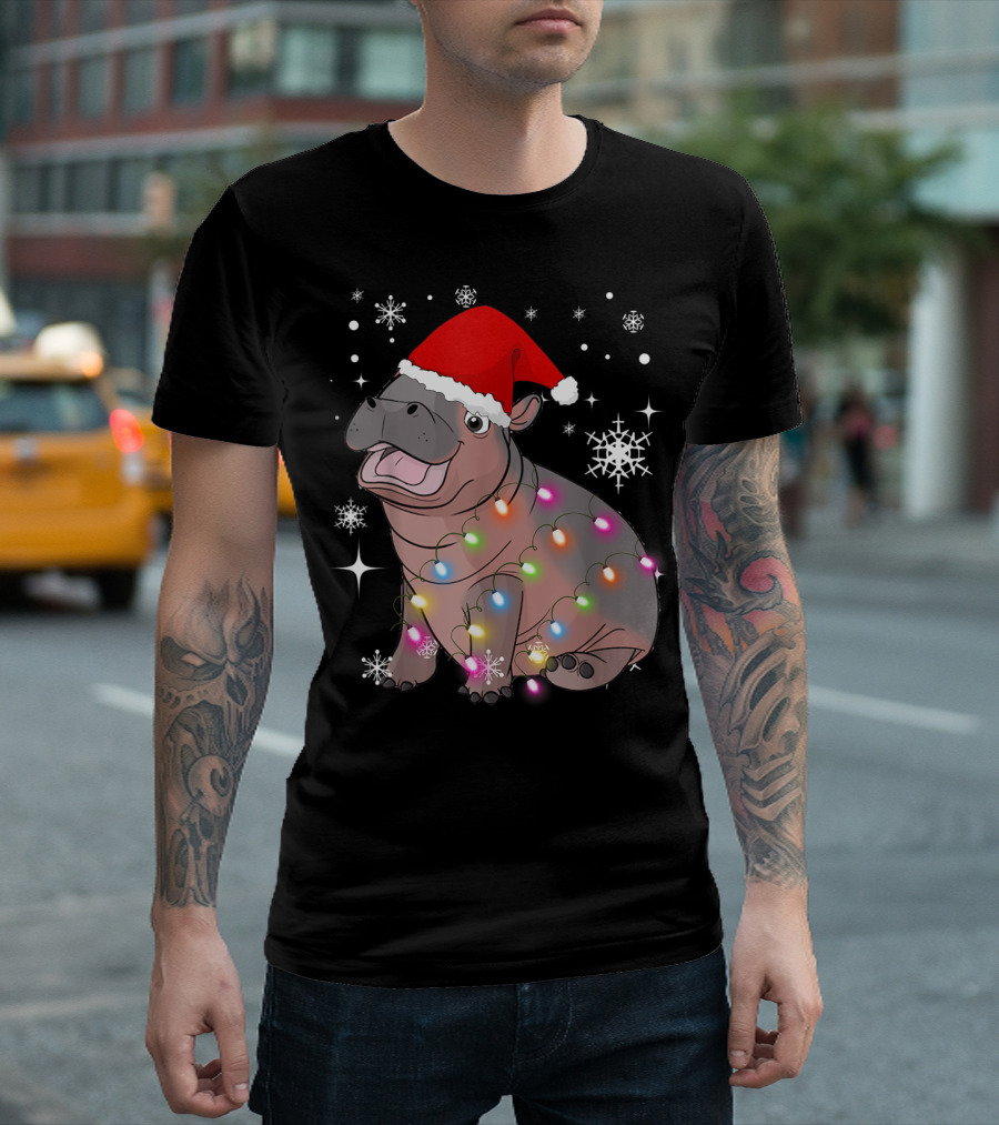 Christmas Lights Baby Hippo Fiona Santa Hat T-Shirt