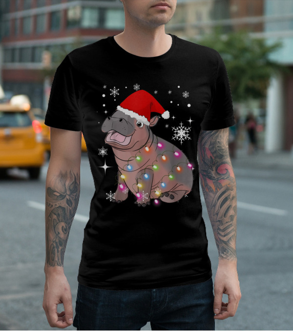 Christmas Lights Baby Hippo Fiona Santa Hat T-Shirt