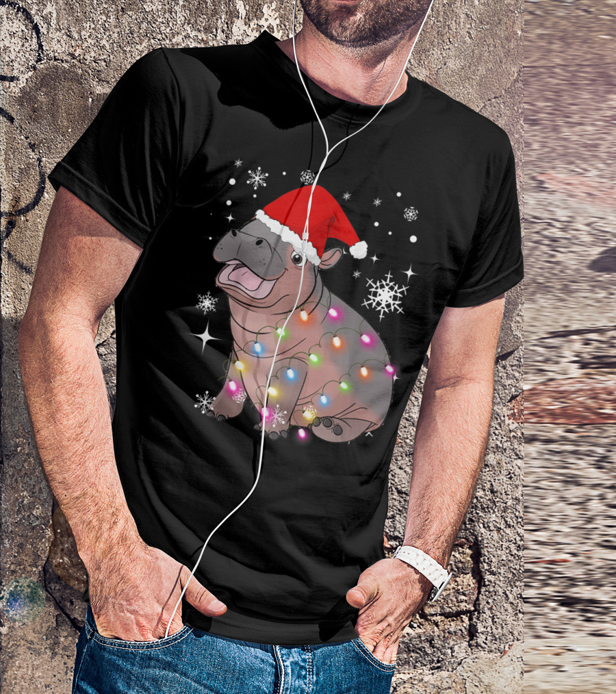 Christmas Lights Baby Hippo Fiona Santa Hat T-Shirt