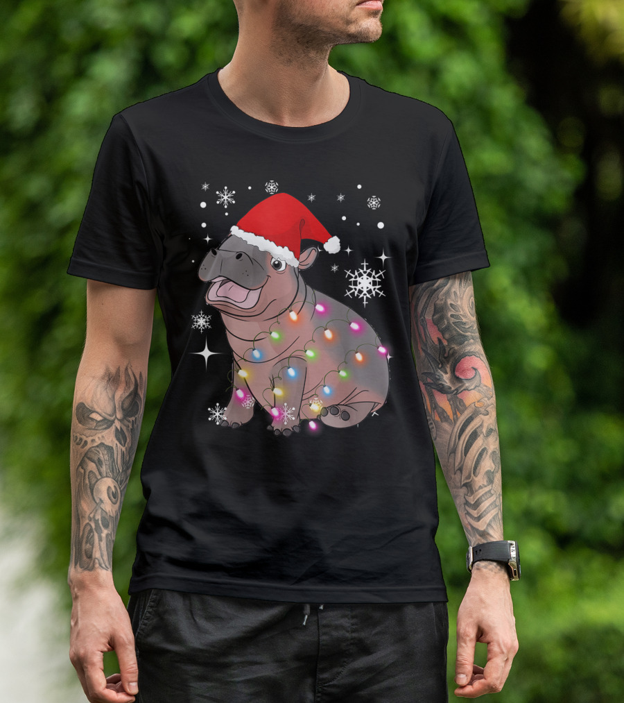 Christmas Lights Baby Hippo Fiona Santa Hat T-Shirt