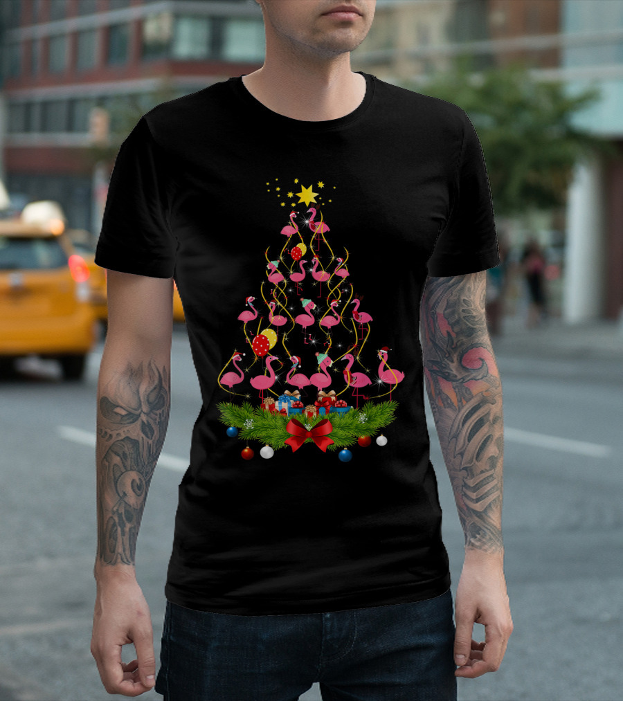 Pink Flamingo Christmas Tree With Santa Hats and Festive Decorations T-Shirt