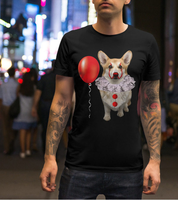 Corgi Clown Costume With Red Balloon Scary Funny Corgi T-Shirt