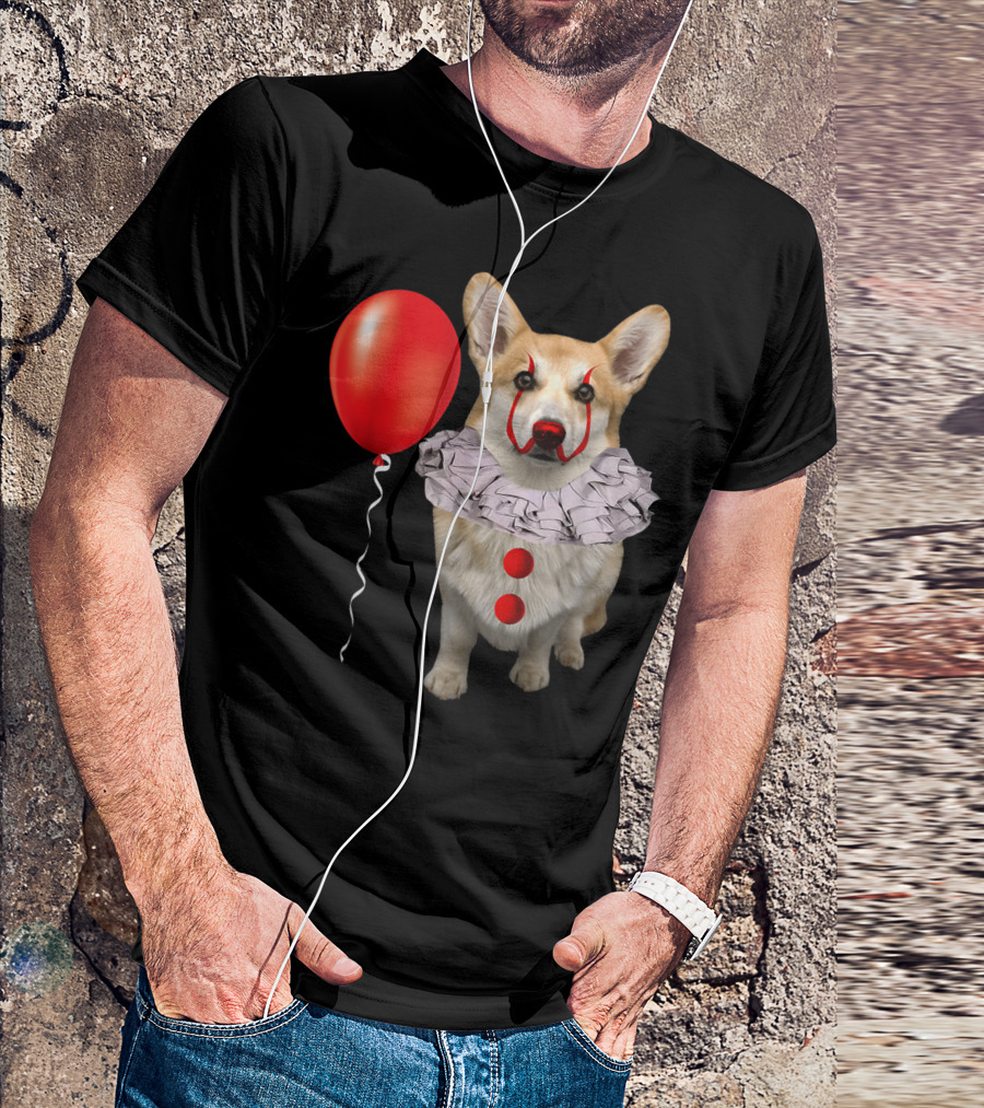 Corgi Clown Costume With Red Balloon Scary Funny Corgi T-Shirt