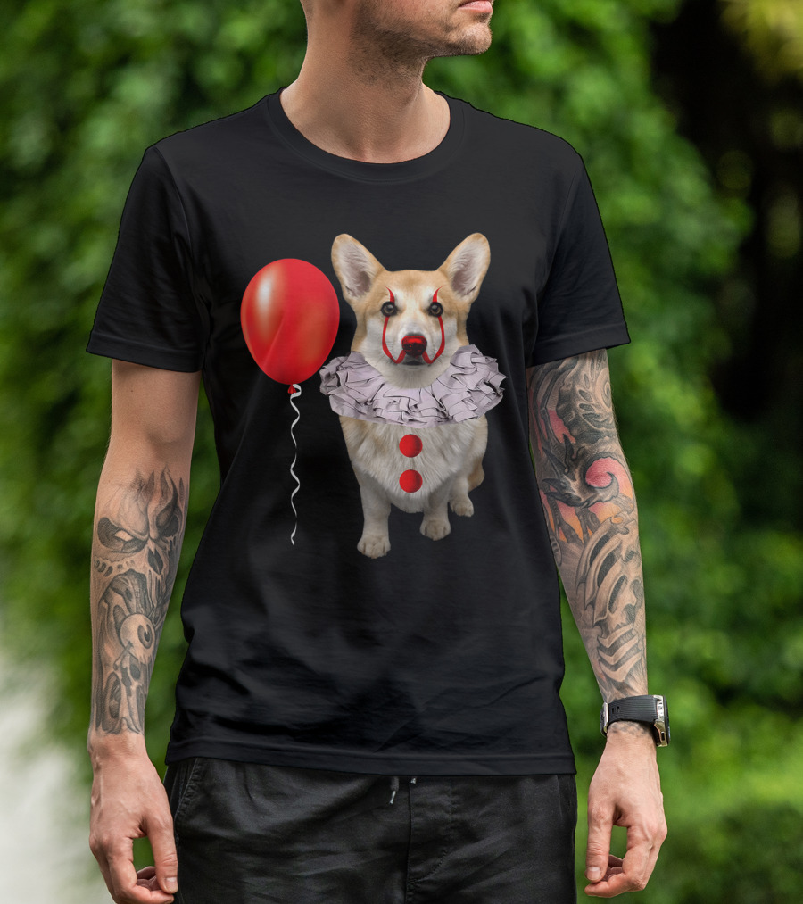 Corgi Clown Costume With Red Balloon Scary Funny Corgi T-Shirt