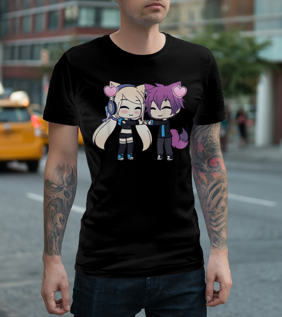 Cute Kawaii Chibi Anime Girl and Boy with Hearts and Cat Ears T-Shirt