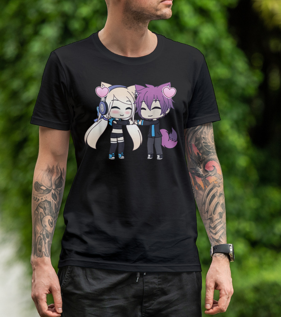 Cute Kawaii Chibi Anime Girl And Boy With Hearts And Cat Ears T-Shirt