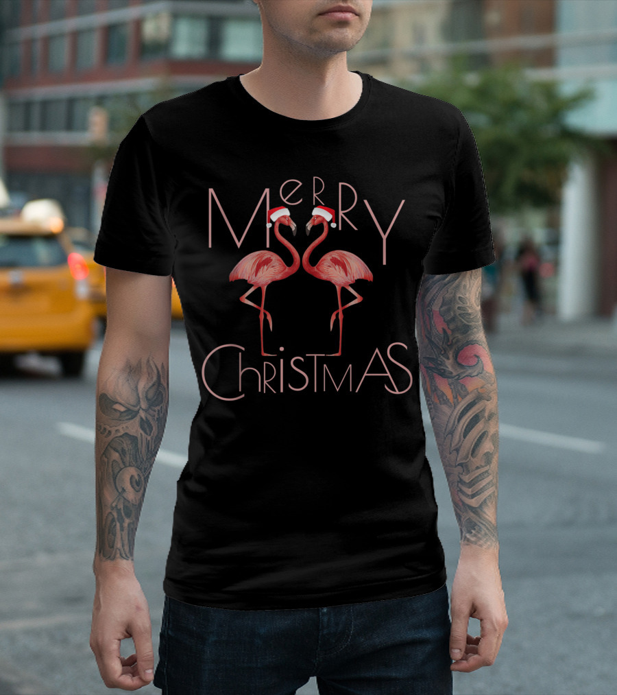 Merry Christmas Cute Pink Flamingo Santa Hat T-Shirt