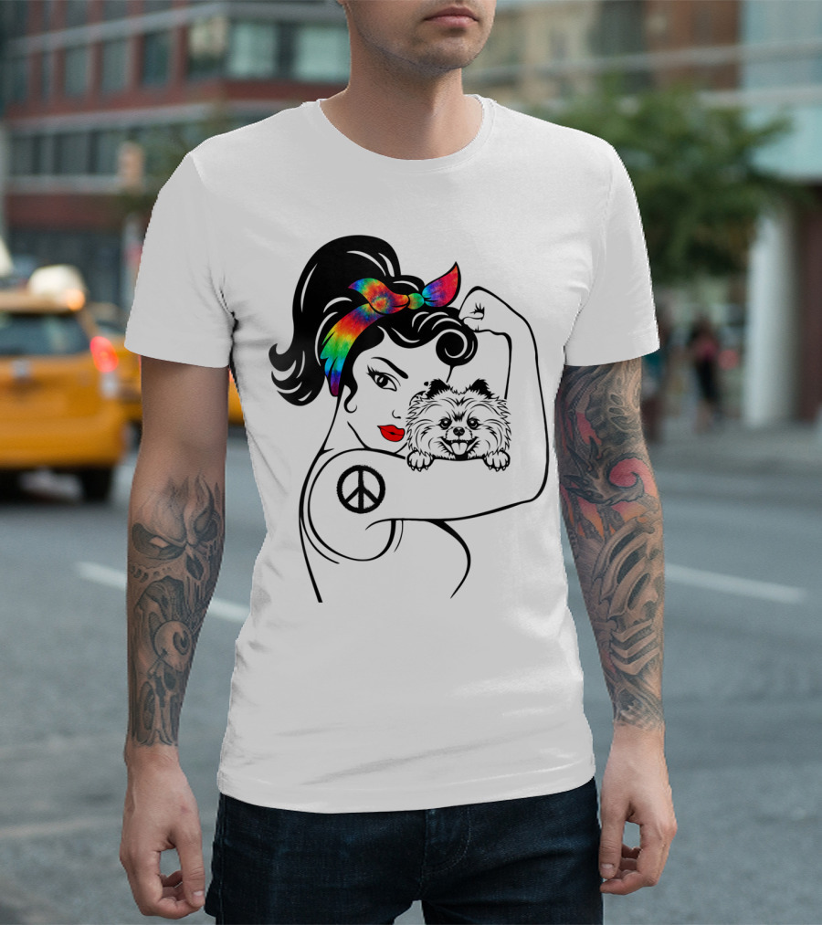 Cute Pomeranian Mom Peace Rainbow Bandana T-Shirt